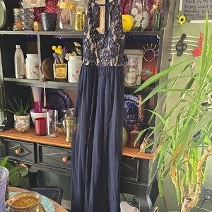 Xtraordinary Navy and Beige Lace Prom Dress